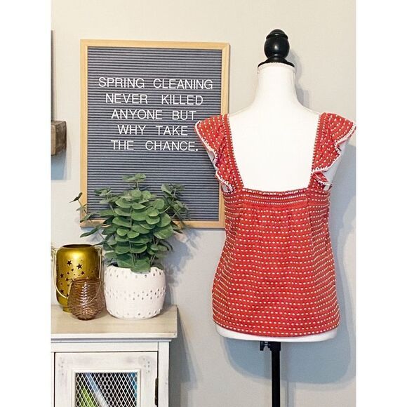 Lucky Brand Red and White Textured Swiss Dots Ruffle Shoulder Tank - Size S - Picture 3 of 6